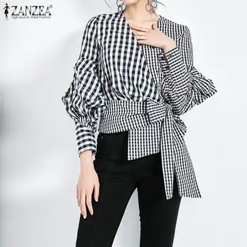 

2020 Fashion Plaid Blouse ZANZEA Spring Casual Shirts Women Long Sleeve Check Patchwork Tunic Tops Elegant Bow Tie Work Blusas
