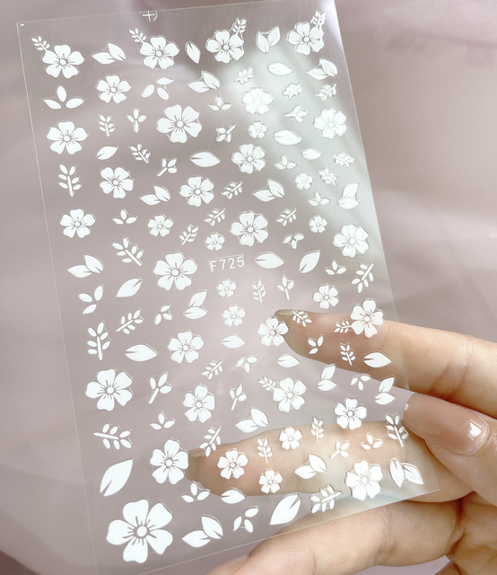 White Flowers Nail Art  Adhesive Stickers for Nails Cute Paper Parts With Avocado Direct Paste Decals Designs Manicure