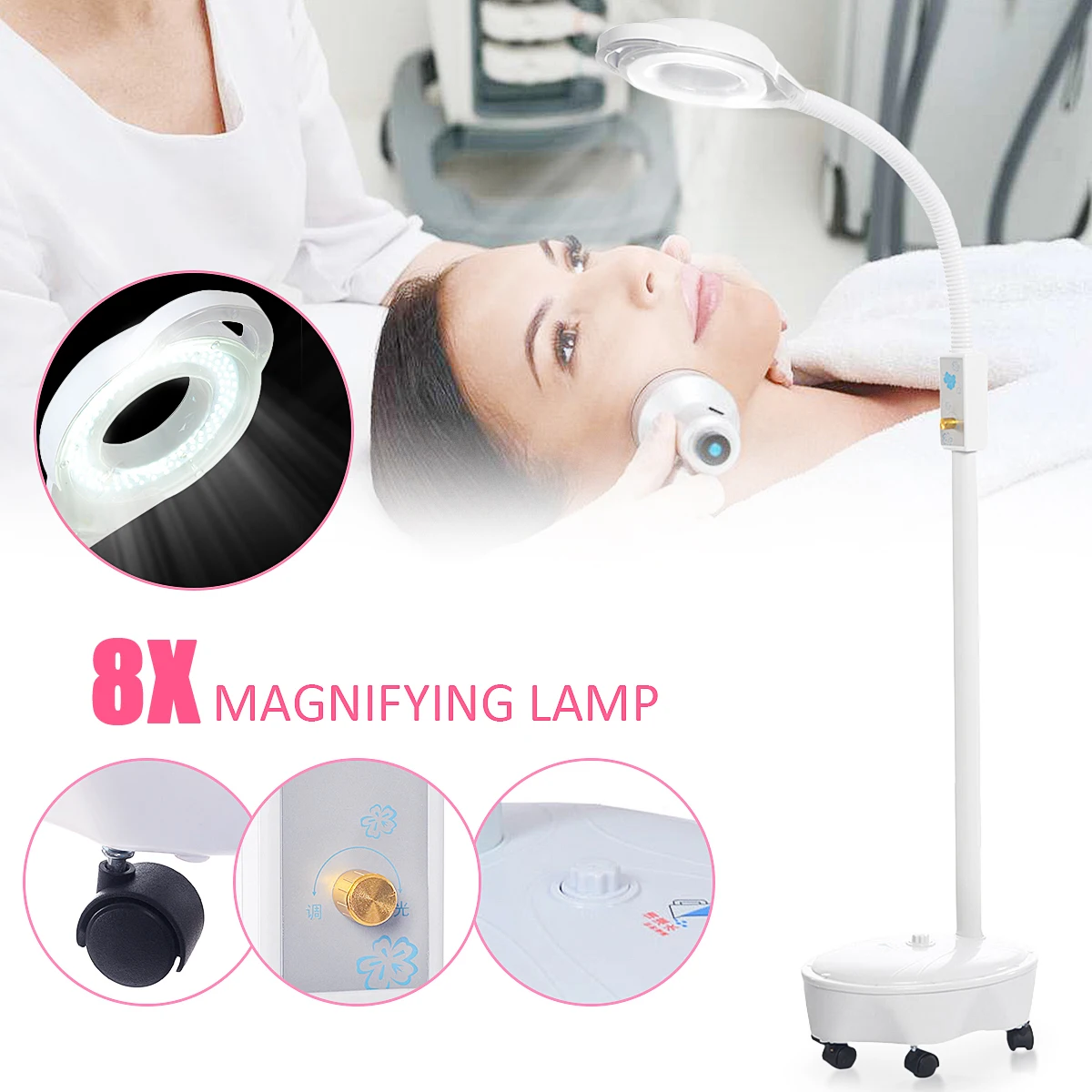 Günstig Pro 8X Dioptrien 120 LED Vergrößerungs Boden Stehen Lampe Lupe Glas Kalten Ligth Len Gesichts Licht Für Schönheit Salon Nagel tattoo 220V