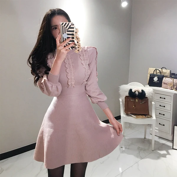 Elegant Lantern Sleeve Draped Knitted Dress Women Lace Patchwork Petel Sweater Mini A-Line Dress Autumn Winter Sweater Dresses