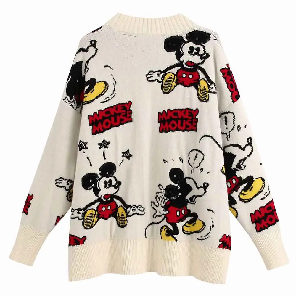 Disney Stylish Mickey Mouse Cartoon Print V-Neck Cardigan Single-breasted Streetwear Women Sweater White Knitted Long Sleeve Top