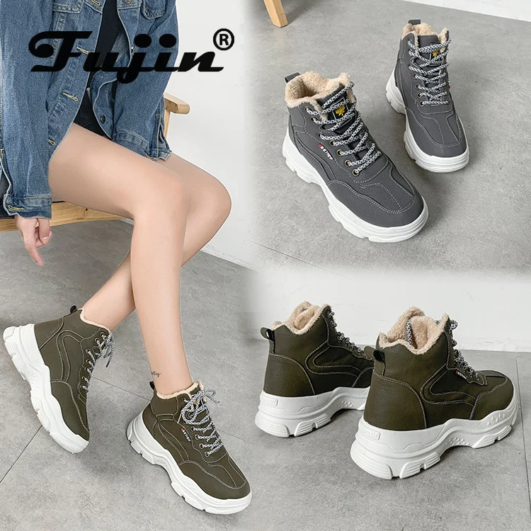 

Fujin Short Boots Women Winter Plush Keep Warm Fashion Thick Bottom Round Toe Platform Lace Flock Leisure Women Ankle Boots