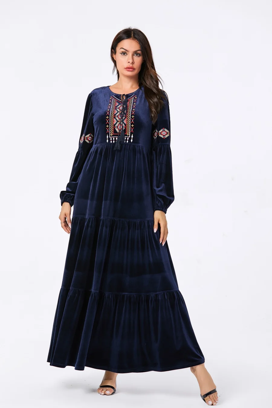 Бархатное Свободное длинное платье с этнической вышивкой, мусульманские платья с длинным рукавом, осень, арабское платье темно-синего цвета размера плюс