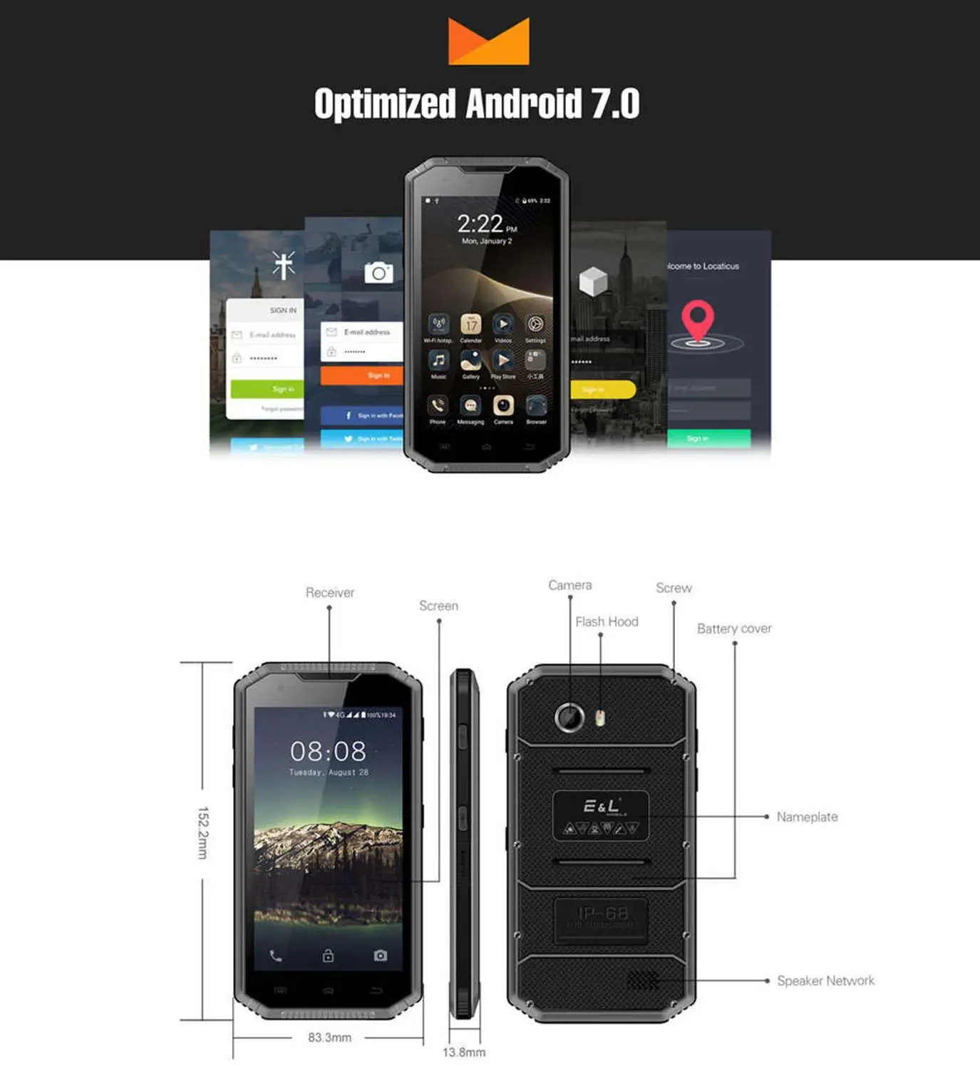  KXD E&L Proofing W7S IP68 Rugged Phone Android 6.0 MTK6737 1.3GHz Quad Core 2GB RAM 16GB ROM 5