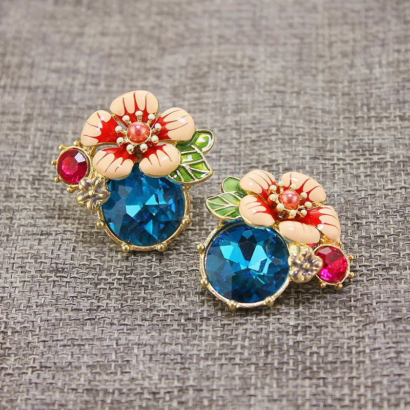 Blue Stone Милые маленькие серьги в виде цветка, винтажные, ручная роспись, эмаль, ювелирные изделия, Золотые серьги, милый подарок, розовый цветочный кристалл, камень, серьги-гвоздики - Окраска металла: Blue Stone