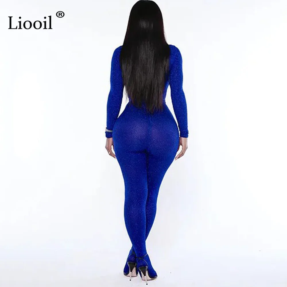Liooil синие Сексуальные облегающие Комбинезоны для женщин с длинным рукавом и круглым вырезом прозрачные вечерние Клубные комбинезоны, обтягивающие боди