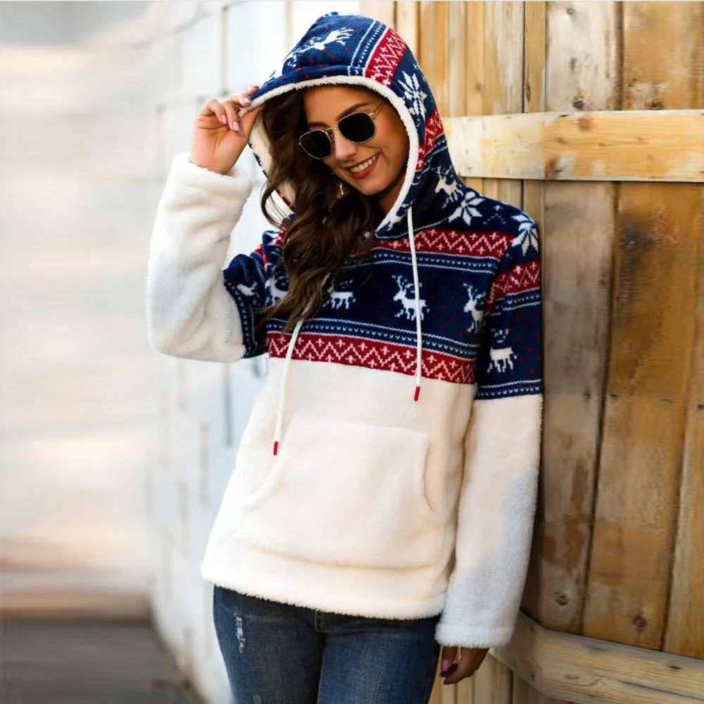

Women Christmas Teddy Sweater Fluffy Sherpa Fleece Hooded Pullover Two Version Fleece Female Christmas Party Sherpa Sweaters