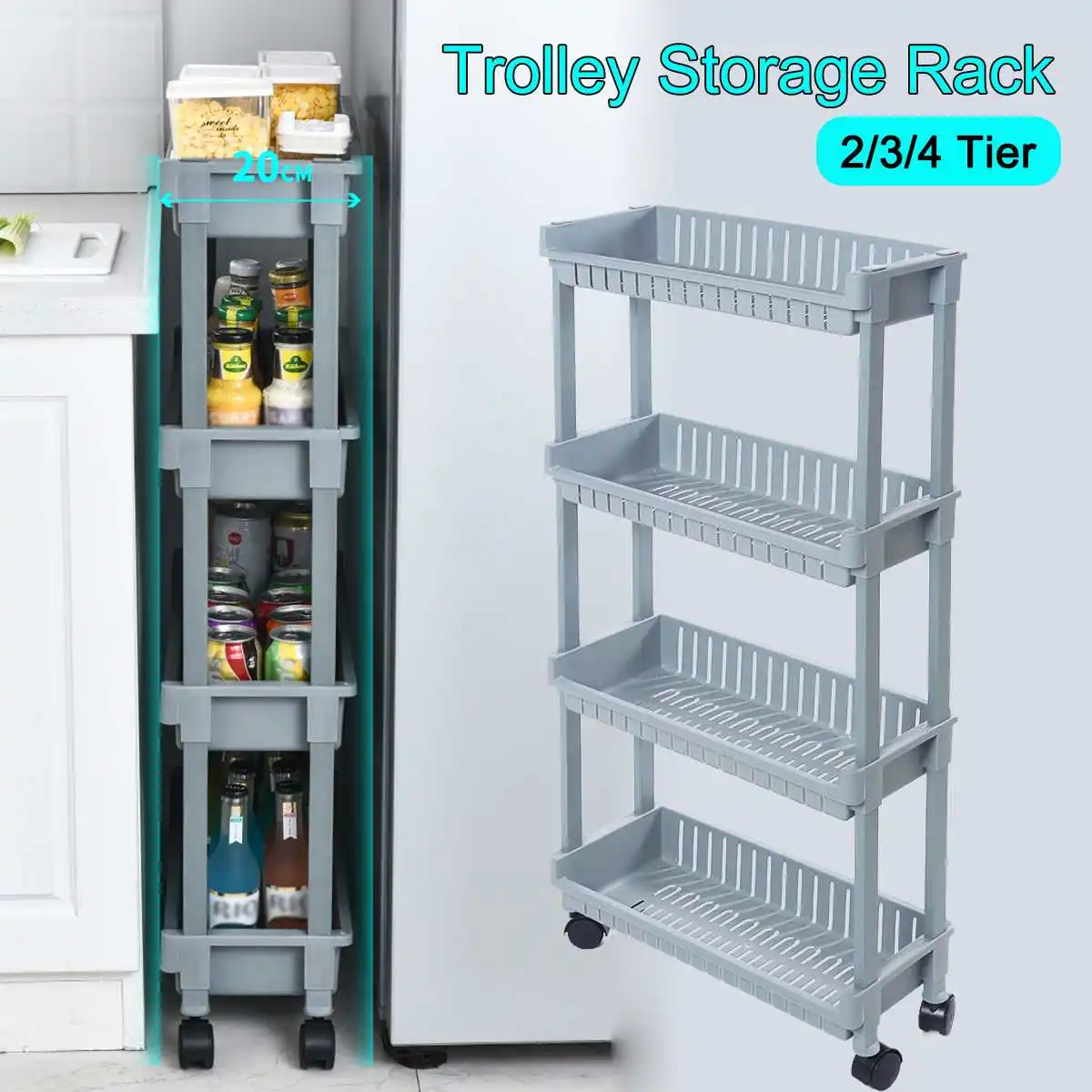Kitchen Storage Cart Slim Fridge Slide Tower Rack Shelf 3 or 4-Tiers With Wheels 