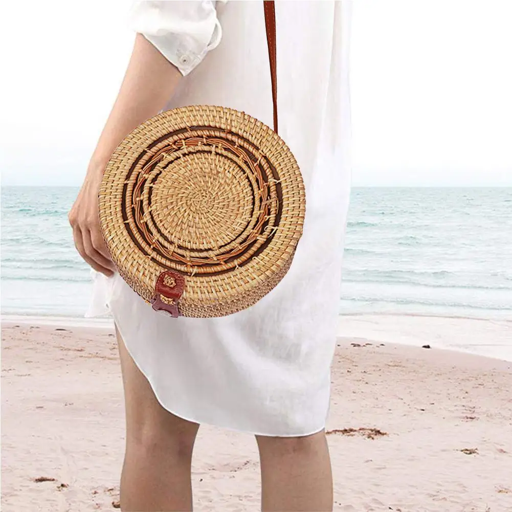 

Beach Round Straw Bag Handmade New Retro Style Rattan Braided Hand Woven Bags Travel Sling Shoulder Bag Handbags For Women Purse