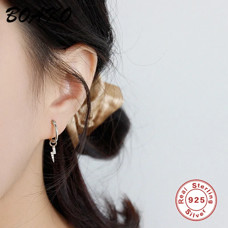BOAKO Tiny CZ Lightning Pendant Stud Earrings For Women Punk Huggie Jewelry 925 Sterling Silver Earrings Wedding Party Earings