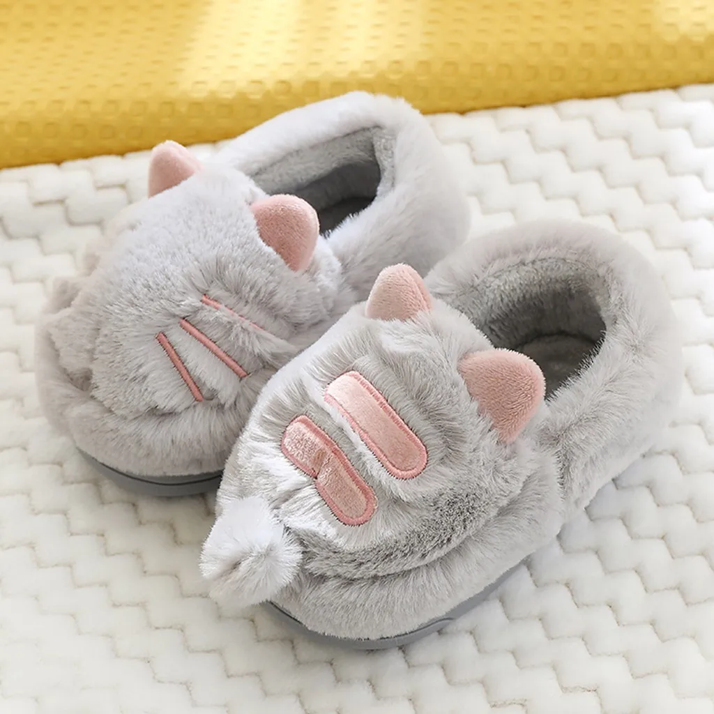 Детские тапочки; коллекция года; сезон весна-зима; новые детские тапочки для маленьких девочек и мальчиков; милые домашние тапочки из флока с котом; зимние теплые тапочки; детская обувь;# N26