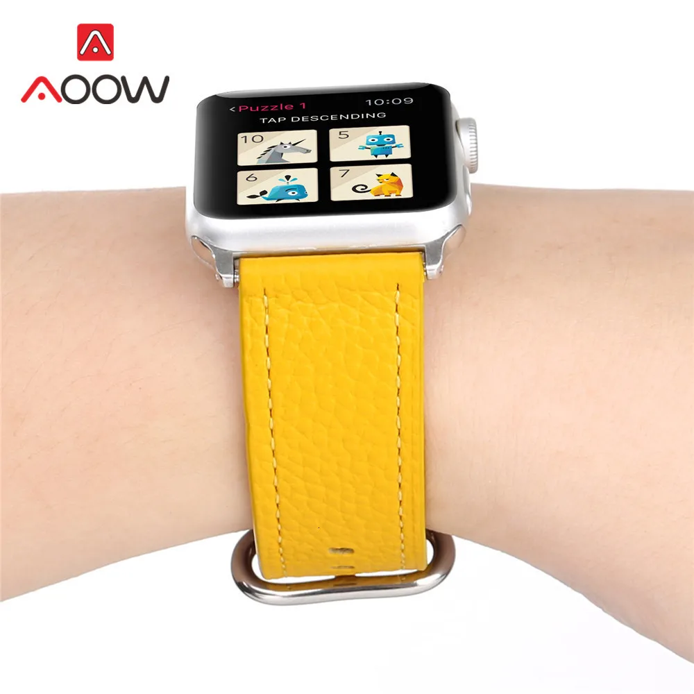 Ремешок из натуральной кожи для Apple Watch 38 42 мм 40 44 мм модный простой Желтый Сменный браслет ремешок для iwatch 123 4