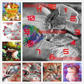 Pintura de diamante 5d de 2021, reloj bordado de diamantes de gato y gato, imágenes de diamantes de imitación para decoración, kit de Arte de diamantes para el hogar
