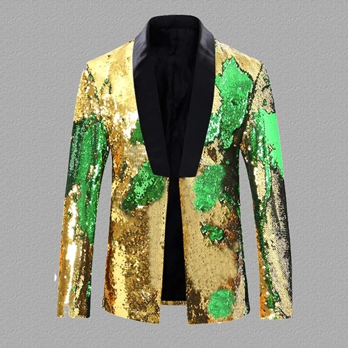 Gold Green Роскошный мужской блейзер с золотыми и серебряными блестками, пиджак с блестками, мужской пиджак для свадебной вечеринки, сценический костюм певца, Блейзер, S-5XL - Цвет: Gold Green