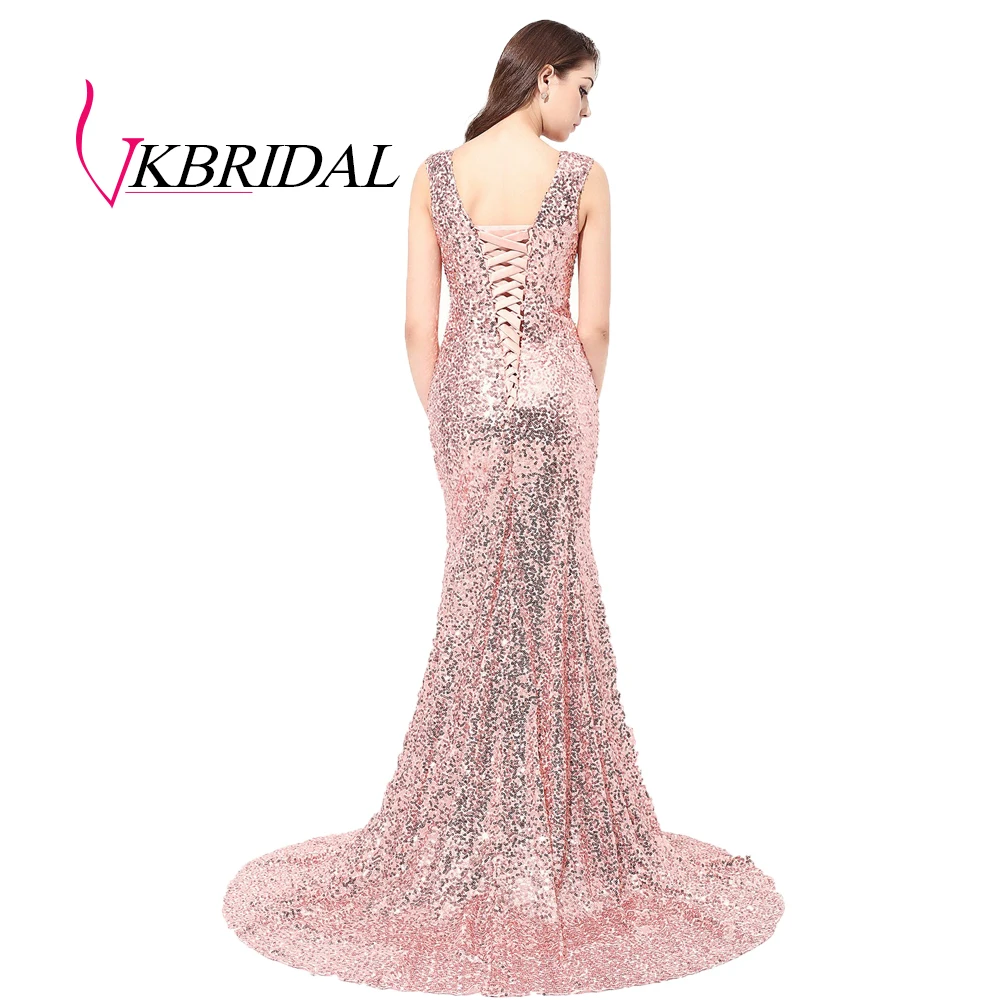 VKBRIDAL v-образным вырезом платье подружки невесты в стиле русалки Длинные Пол Длина Золото Abenkleider lang Выпускные вечерние платья для женщин