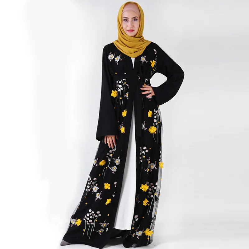 Black Yellow 3D цветок Открытый мусульманская абайя для женщин платье хиджаб Caftan кимоно кардиган абайя, Кафтан Дубай Катара Оманская одежда Femme Исламская одежда - Цвет: Black Yellow
