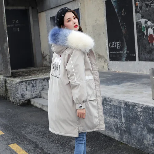 

Han Dong Door 2019 New Style down Jacket Women's Mid-length Large Fur Collar Embroidered Parka Thick Cotton Coat