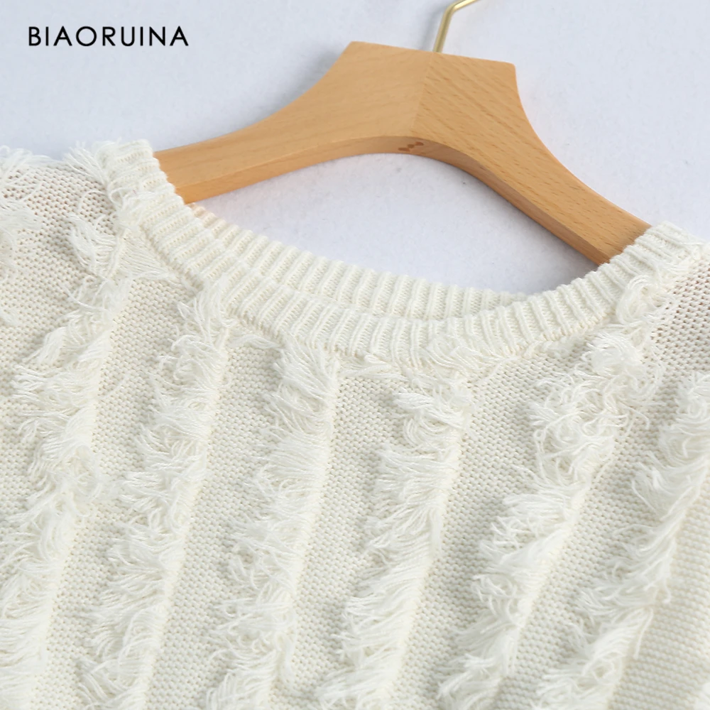Beste BIAORUINA vrouwen Effen Kleur Mode Gebreide Trui met Kwasten Ronde Kraag Casual Loose All Match Pulllover Nieuwe Collectie