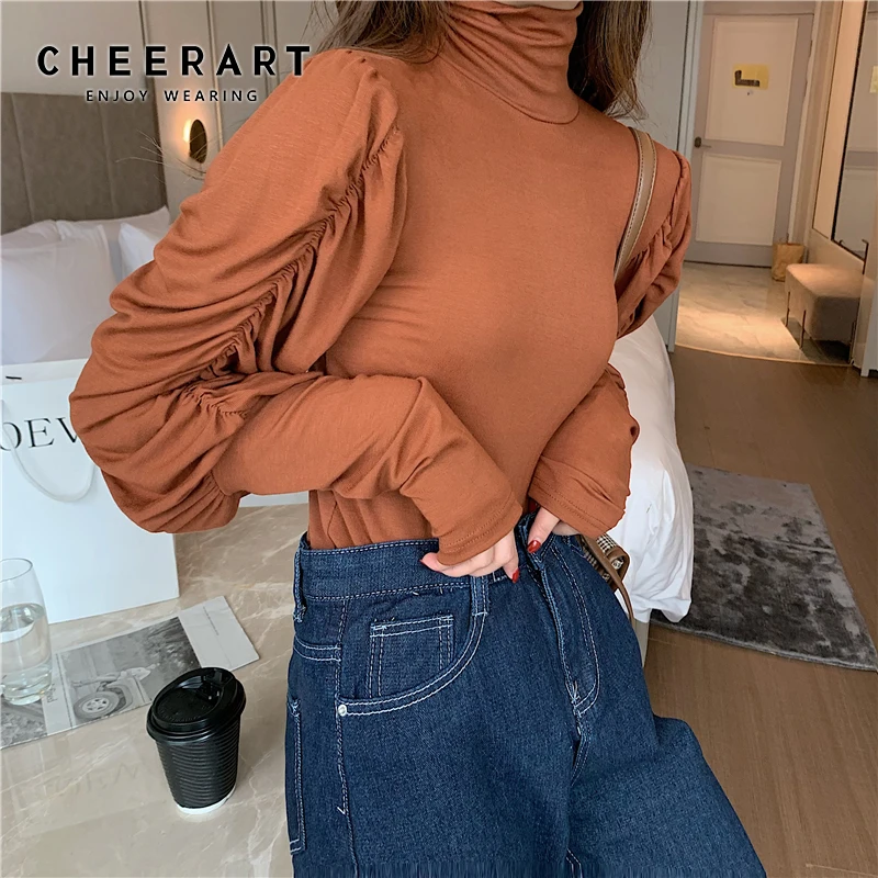 CHEERART водолазка с пышными рукавами Топ длинным рукавом Корейская блуза