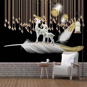 

milofi custom 3D abstract golden lines feather elk relief TV bedroom background wallpaper mural