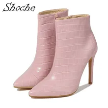 Shoche/розовые ботинки из искусственной кожи; женская зимняя обувь на высоком каблуке; Синие ботильоны для женщин; теплая внутренняя обувь; большие размеры