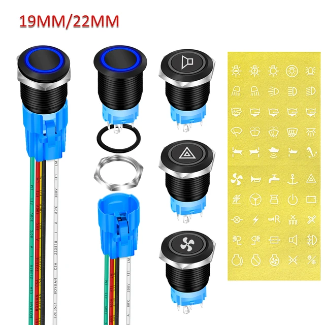 Bouton-poussoir, Momentané lumineux, LED Bleu, DPDT, 5 A, Montage panneau  12V