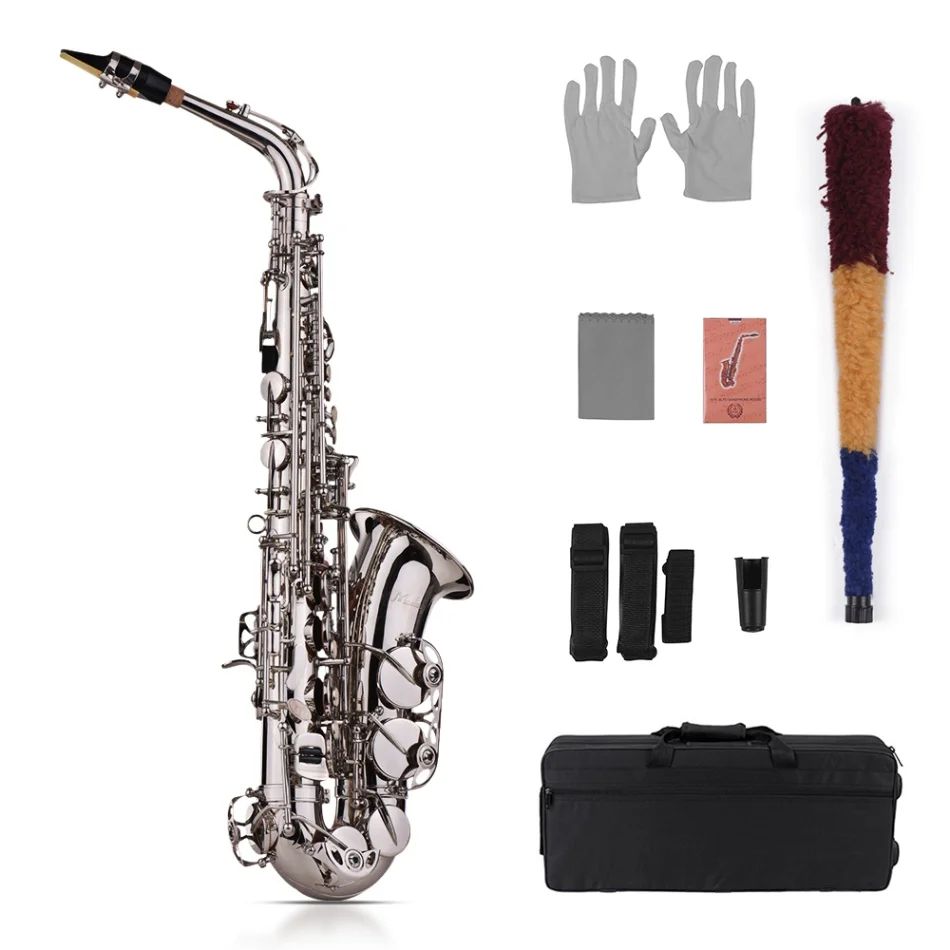 Muslady Eb Alto саксофон Саксофон латунный лакированный Золотой 802 тип ключа с мягким чехол перчатки для переноски, Чистящая салфетка ремешки для щетки - Цвет: Серебристый