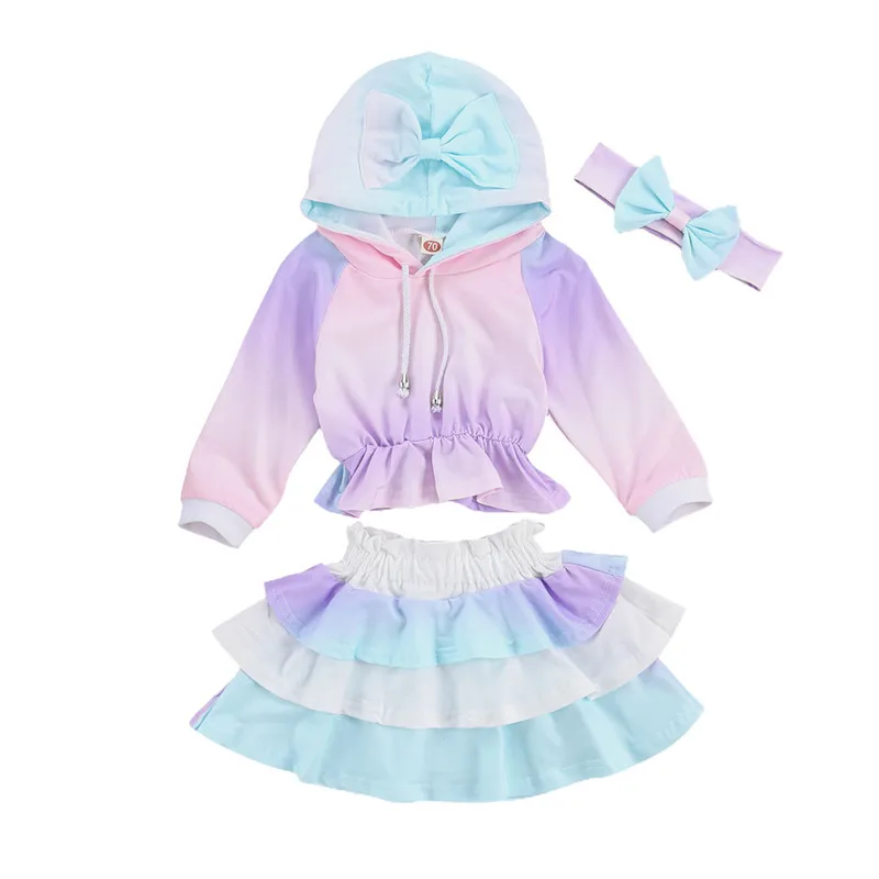 

Newborn Toddler Girls 3 Pcs Outfits Suits, Tie Dye Gradient Color Hoodies Shirts + Ruffle Layer Skirt + Bow Headband 0-24M