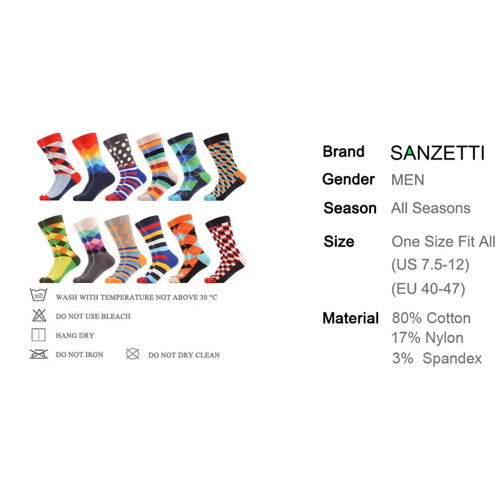 SANZETTI 12 пар/лот мужские носки из чесаного хлопка для счастливого платья новинка