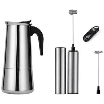 

1Pcs Usb Rechargeable Stainless Steel Milk Frother & 1Pcs Stainless Steel Coffee Pot Mocha Espresso Latte Percolator