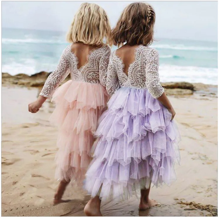 

Girls' Princess Skirt New Style Lace Stitched Pattern Fashion Backless Puffy Mesh Skirt Cake Dress Special Offer