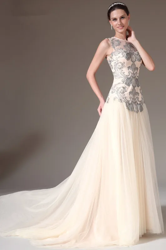 Elegant Evening Dresses A-line Tulle Lace See Through Long Dubai Saudi Arabic Evening Gown Prom Dresses