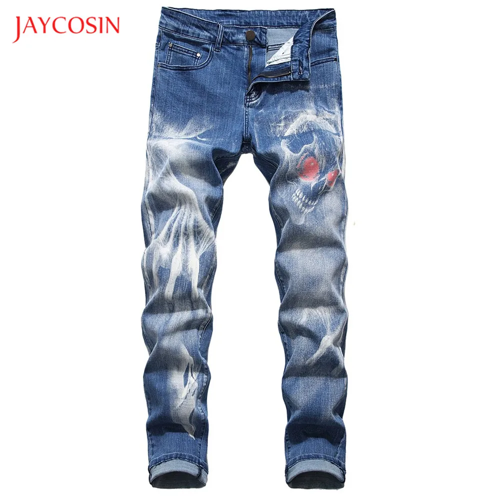 Jaycosin мужские Модные джинсы, новые джинсы с 3D принтом черепа, простые Выбеленные прямые брюки для отдыха