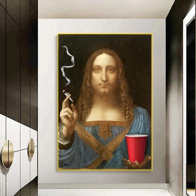 Salvator Mundi Smoking with Da Vinci Painting Printed on Canvas 2