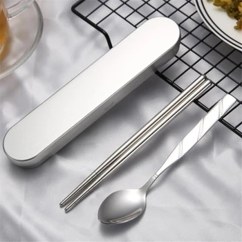 

New 2 Pcs/Set Boxed Portable Stainless Steel Student Cutlery Tableware Outdoor Picnic Chopsticks Spoon Dinnerware Flatware Set