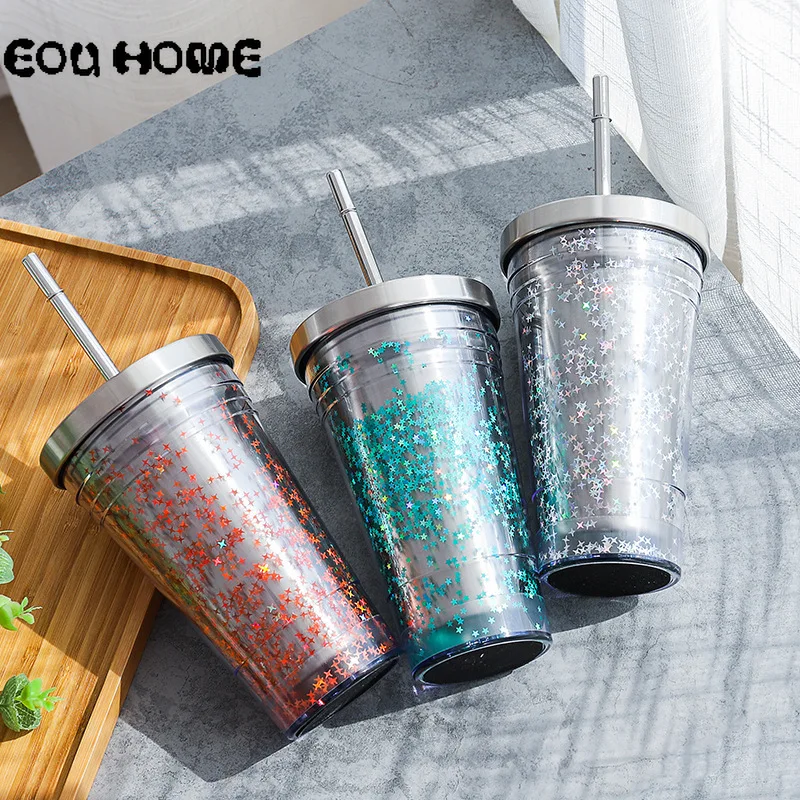 550ml Fashion Sequins Coffee Mug Thermos Mug With Straws Double