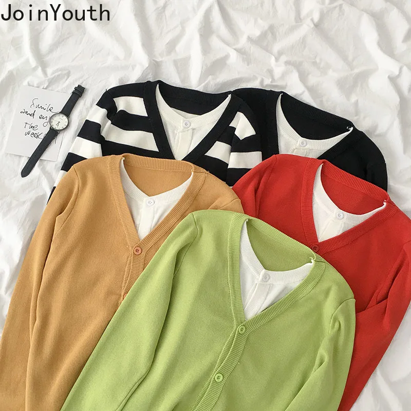 Joinyouth 2020 Spring New Knitted Cardigan Coat Single Breasted Fake Two Pieces Sweater Jacket Women Long Lseeve Knitwear 59445 |