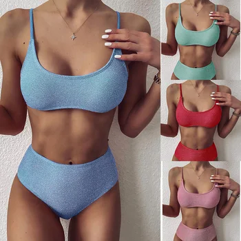 

Misswim Shiny bikinis 2020 mujer High waist swimsuit women String swimwear Sports bathing suit Bandeau beach wear biquini new