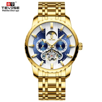 

Luxury TEVISE Automatic Mechanical Watch Man Tourbillon Fashion Blue Wristwatch Moon Phase Luminous Casual Business Clock T856A
