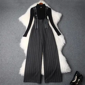 

High Quality Winter Pants 2Pcs Set Pockets Women Outfits Long Sleeve Knitted Sweater Beading Striped Wide Leg Pants Suit