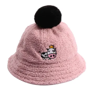 

Winter Baby Boys Girl Hat Toddler Cartoon Printing Bucket Hats With Ball Design Caps Reversible Sun Headwear