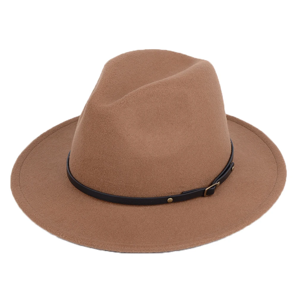 Новая модная женская мужская шерстяная фетровая шляпа, Панама, шляпа с широкими полями, пряжка на ремне, фетровые ковбойские шляпы, черные, оранжевые, желтые, хаки