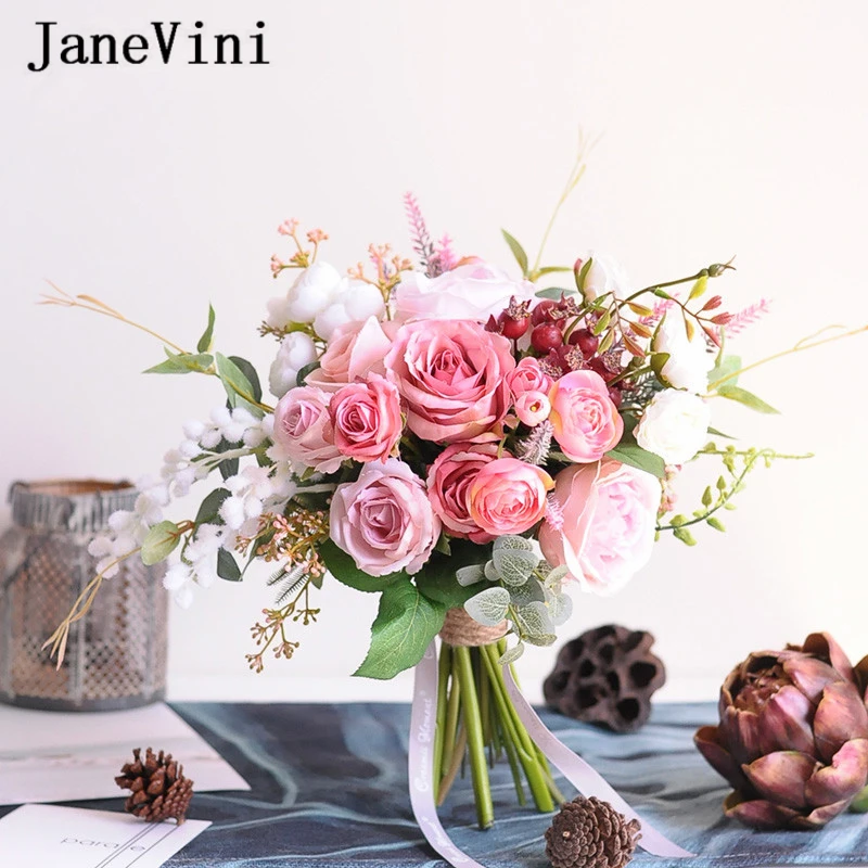 JaneVini, элегантные розовые свадебные букеты, для невесты, подружки невесты, ручной цветок, искусственный шелк, роза, пион, свадебное оформление букета