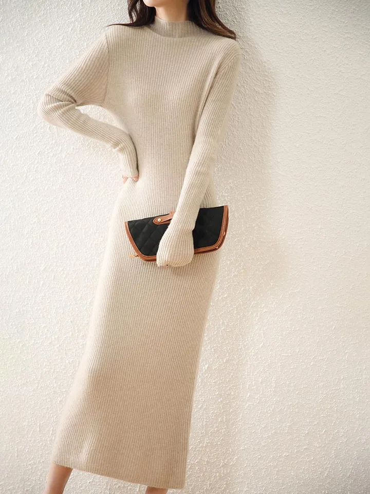 Women's 100% Merino Wool Sweater Dress - Slim Fit V-Neck Mid-Length Knit Dress