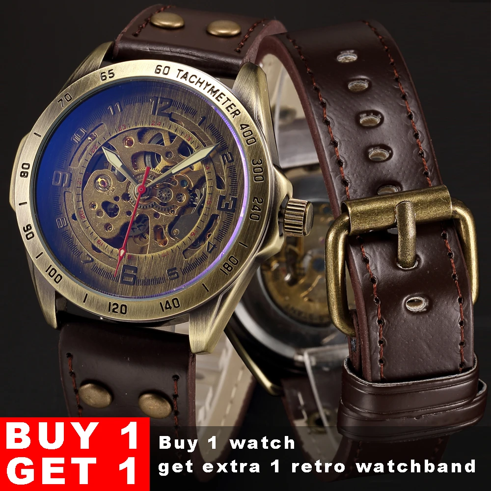 Automatic Watch Men Skeleton Mechanical Watch Steampunk Vintage Bronze Leather Transparent Watches-2