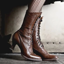 Женские ботинки с круглым носком в стиле ретро г. Зимние женские Кожаные Ботинки на каблуке «рюмочка» ботинки до середины икры на шнуровке Женская однотонная обувь на среднем каблуке D20