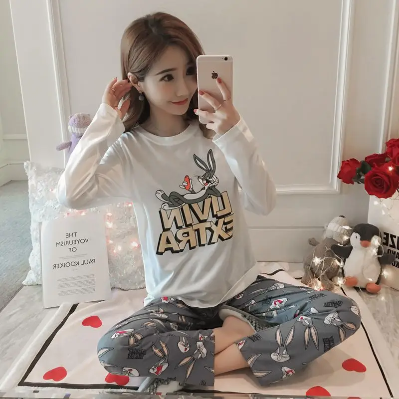 

Pajamas WOMEN'S Suit Summer Bugs Bunny Long Sleeve Korean-style Fresh Students Autumn Two-Piece Set-Outer Wear Tracksuit