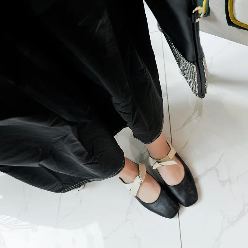 

2019 Spring New Style Women's Korean-style Casual New Style Leather Bowknot Low-Cut Flat Keel Thin Shoes Chunky-Heel Square Head