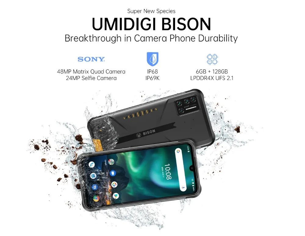 UMIDIGI BISON Smartphone 6/8GB+128GB NFC IP68/IP69K Waterproof Rugged Phone 48MP Quad Camera 6.3" FHD+ Display Android 10/11 poco budget phones