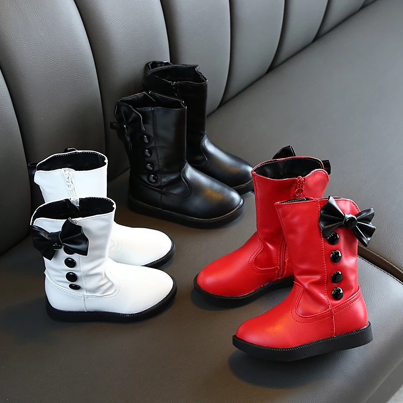 Детские сапоги высокие зимние сапоги из кожи для больших девочек теплая плотная обувь до колена однотонная обувь с бантом, SP031